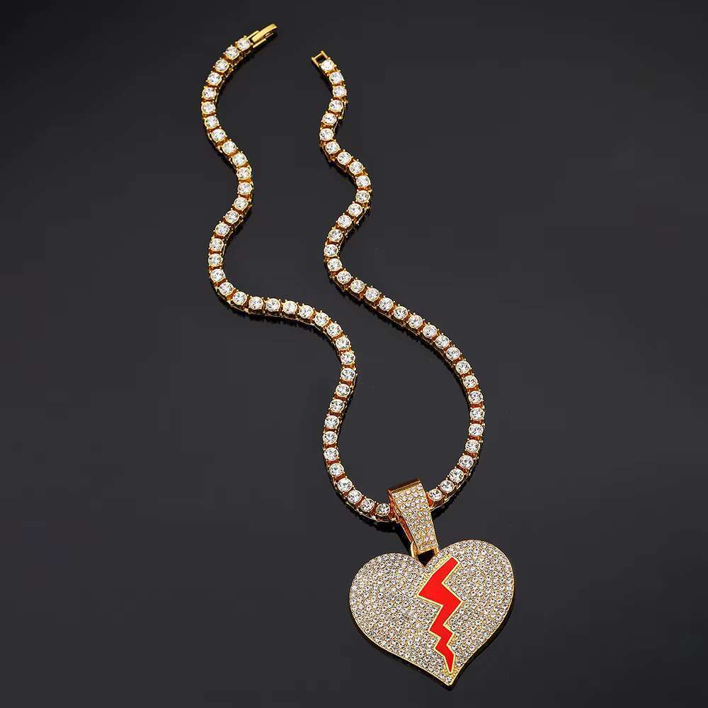 DHcollection Hip Hop 5MM Iced Out Rhies Tennis Chain With Pink Heart Pendant Bg Necklaces