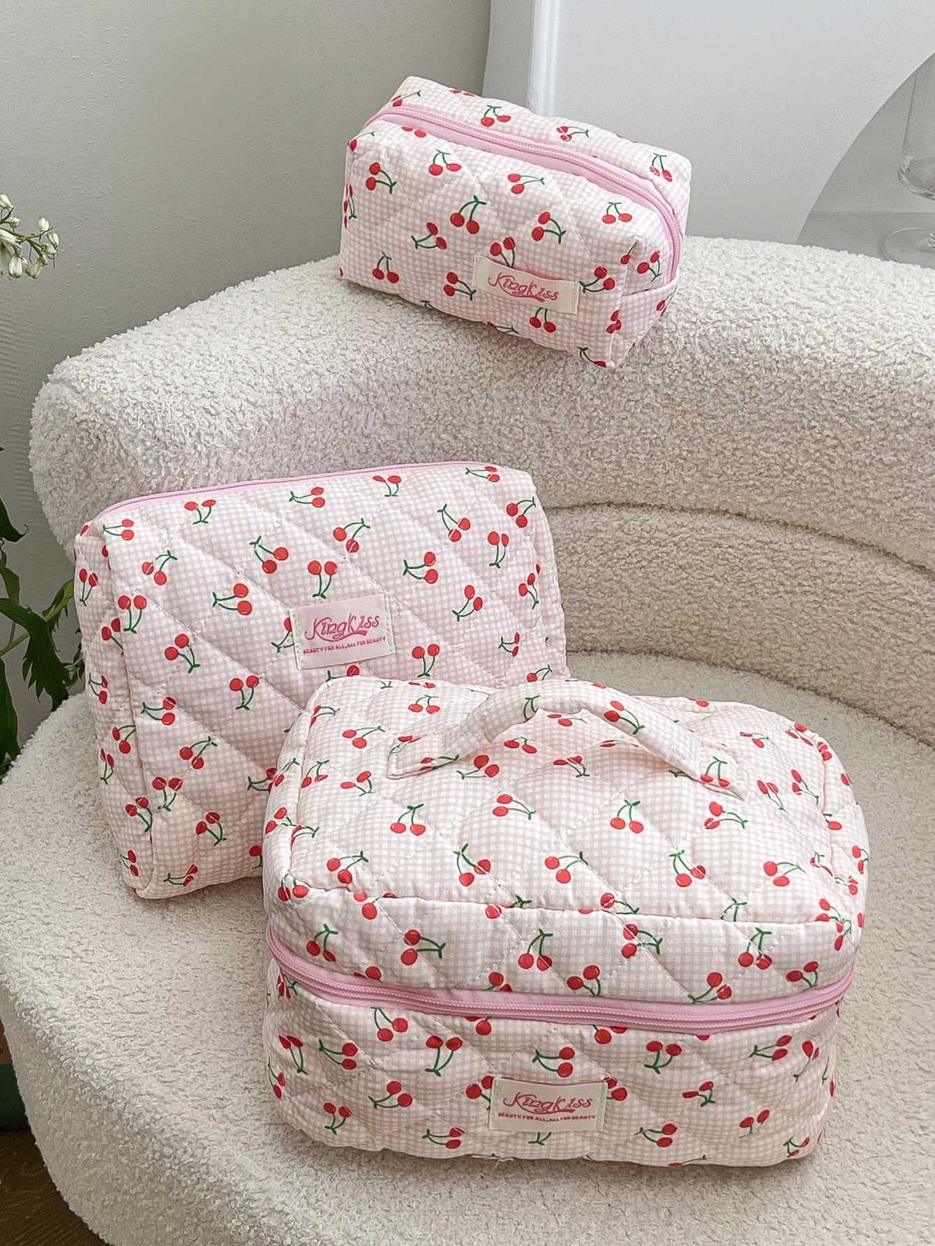 1 piece/set plain weave and cherry print quilted makeup bag large capacity makeup bag multifunctional makeup bagXJ250415