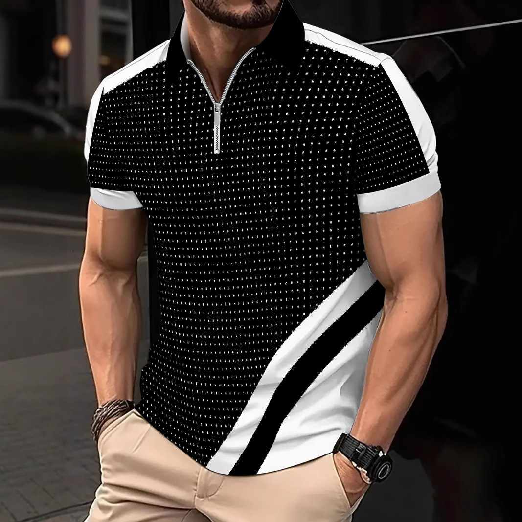 Summer fashion 3D printed breathable quick drying color blocked mens polo shirt sports polo shirt