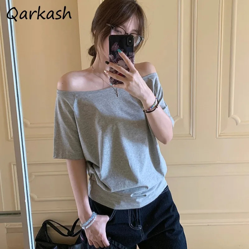 T-shirts Women Niche Off Shoulder Solid Short Sleeve Summer Chic Loose Casual Daily Simple Sexy Korean Trendy Street Tops 250415