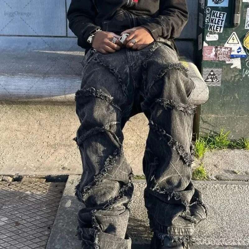 American Destructive Spider Web Design Jeans Men's Streetwear Hip-Hop Rough Edge Loose Denim Wide Leg Pants Chic 28W4657