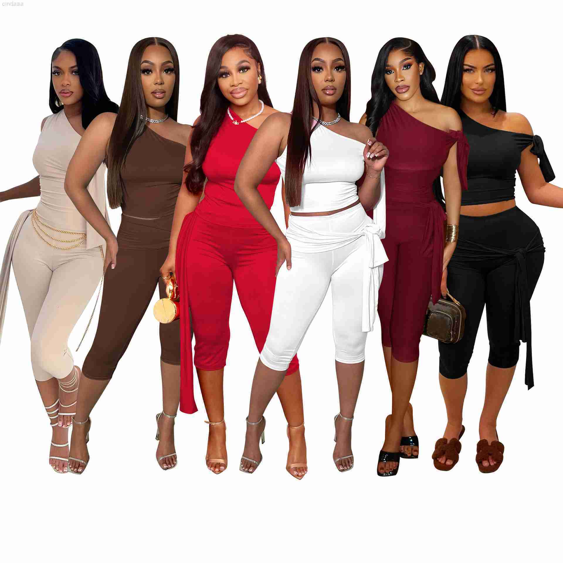 Womens Tracksuits Two Pieces Set 2025 Summer New Slant Shoulder Strap Casual Fashion Solid Color Set