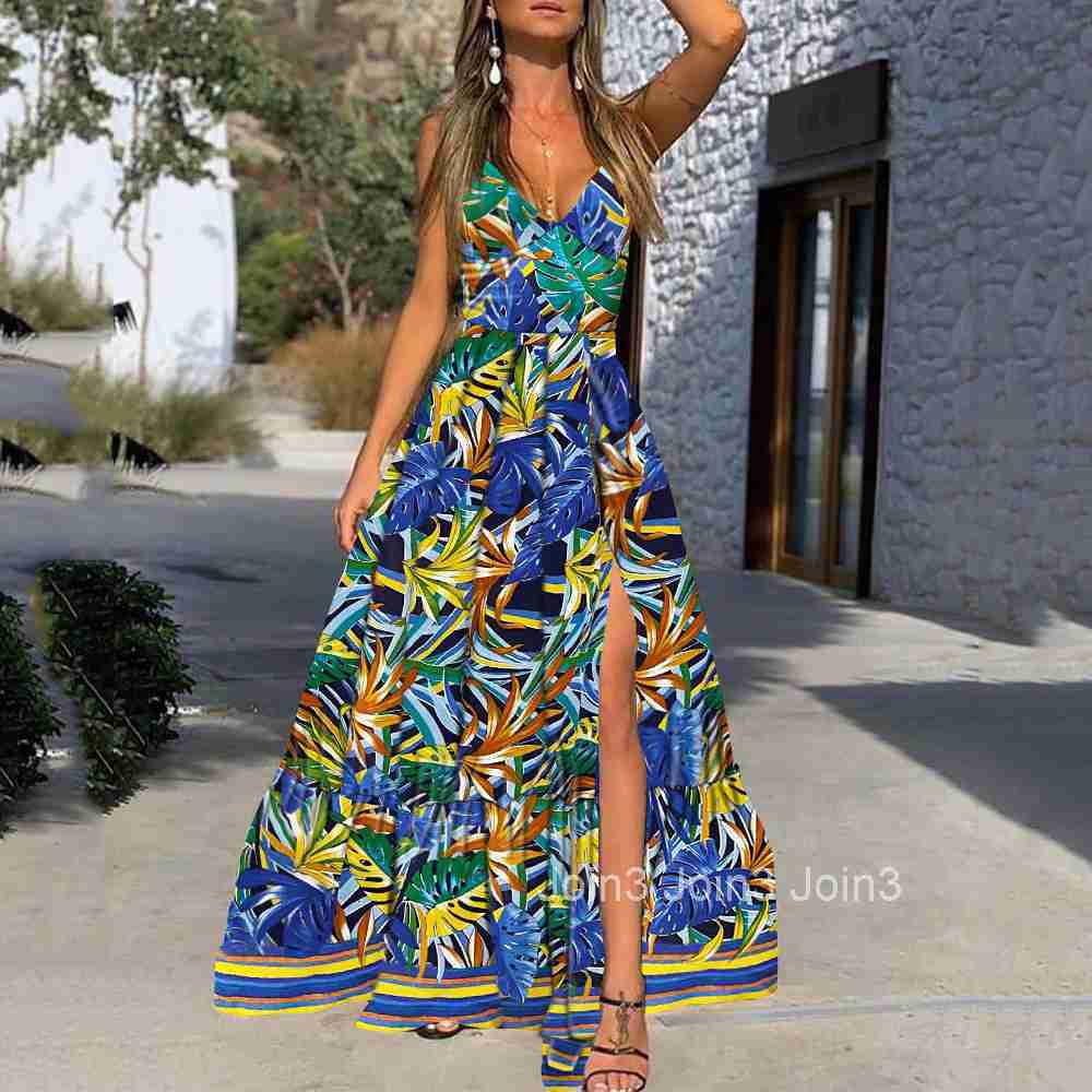 2025 Summer Womens Dress V-neck Strap Printed Leaf Beach Vacation Split Long Dress