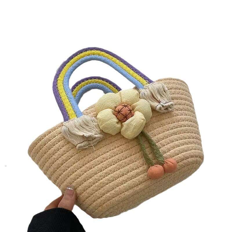 Handmade Beach Bag Sunflower Cloud Handheld Trendy Rainbow Cotton Rope Bag, Casual And Western-Style Woven Bag Kq2
