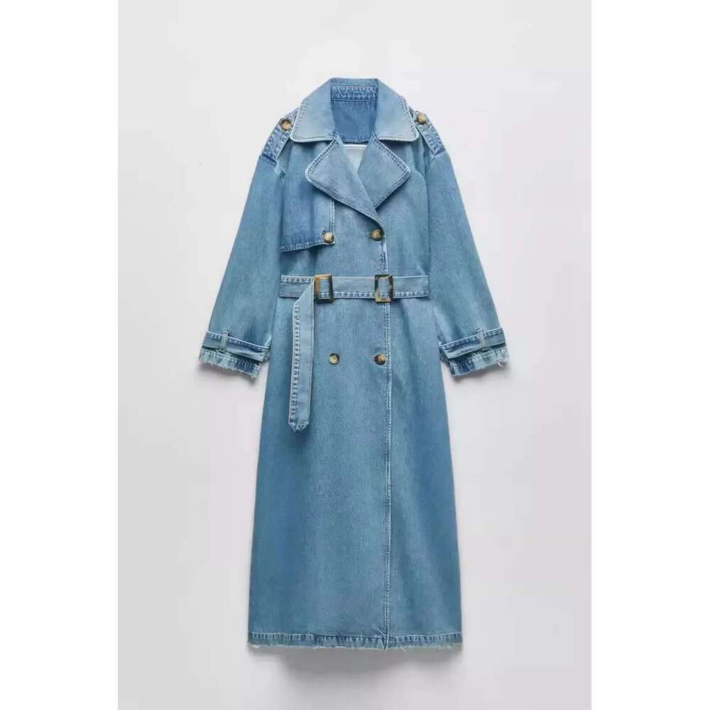 Europe And The United States Autumn New Fashion Street Personality Double Breasted Lapel Casual Long Denim Coat With Belt Women