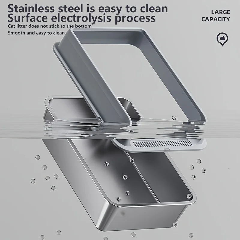 KEMORELA EXtra Large Stainless Steel Cat Litter Box with Lid -Enclosed High-Sided Odor Resistant Leak-Proof Includes Scoop 250414