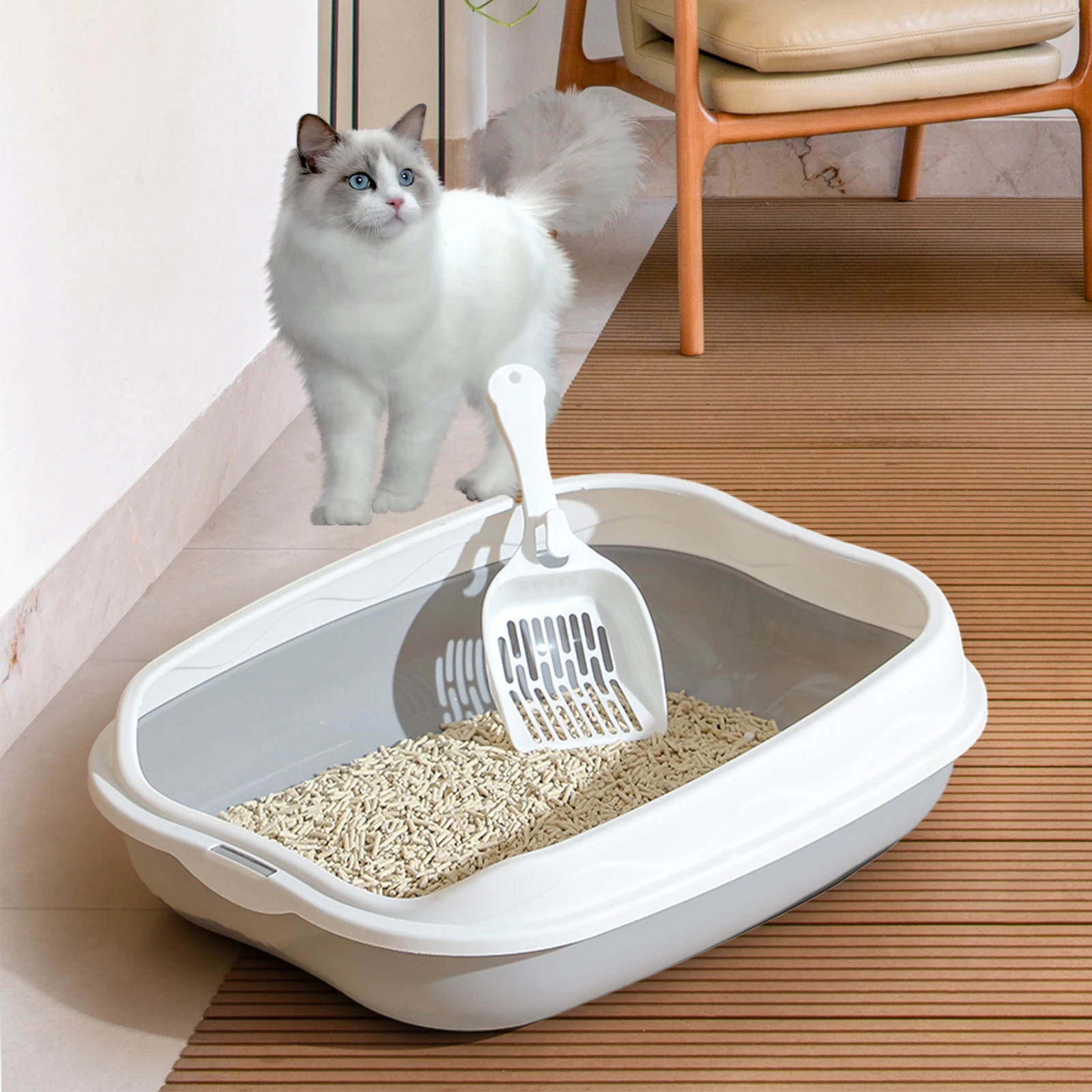 Semi-enclosed Litter Box Spatter-proof Cat Toilet Large Kitten Cleaning Supplies Large Cat Poop Bowl Pet Bupplies 250414