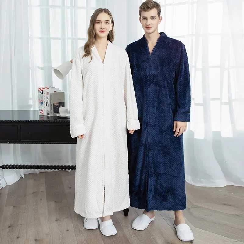 Women Extra Long Thermal Jacquard Flannel Bathrobe Winter Warm Plus Size Zipper Bath Robe Pregnant Dressing Gown Men Sleepwear C251115