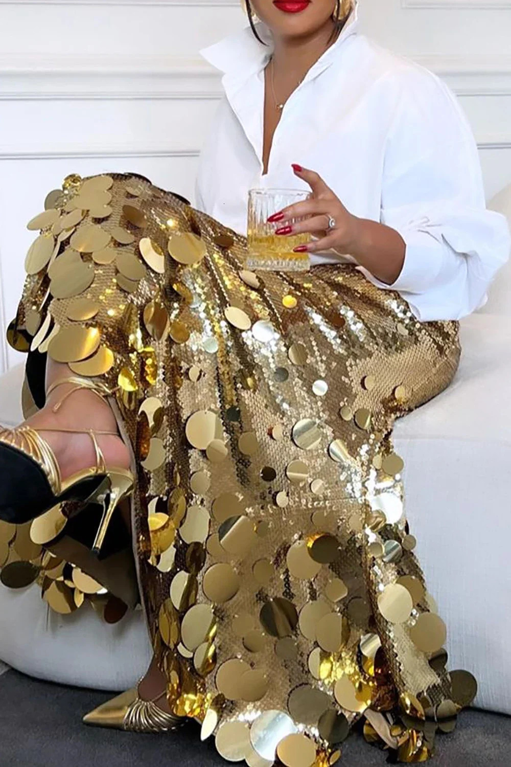 Womens Plus Size Formal Skirts Elegant Gold Long Sequin Party Club Evening High Waist Skirts Female Casual Cocktail Skirts 250410