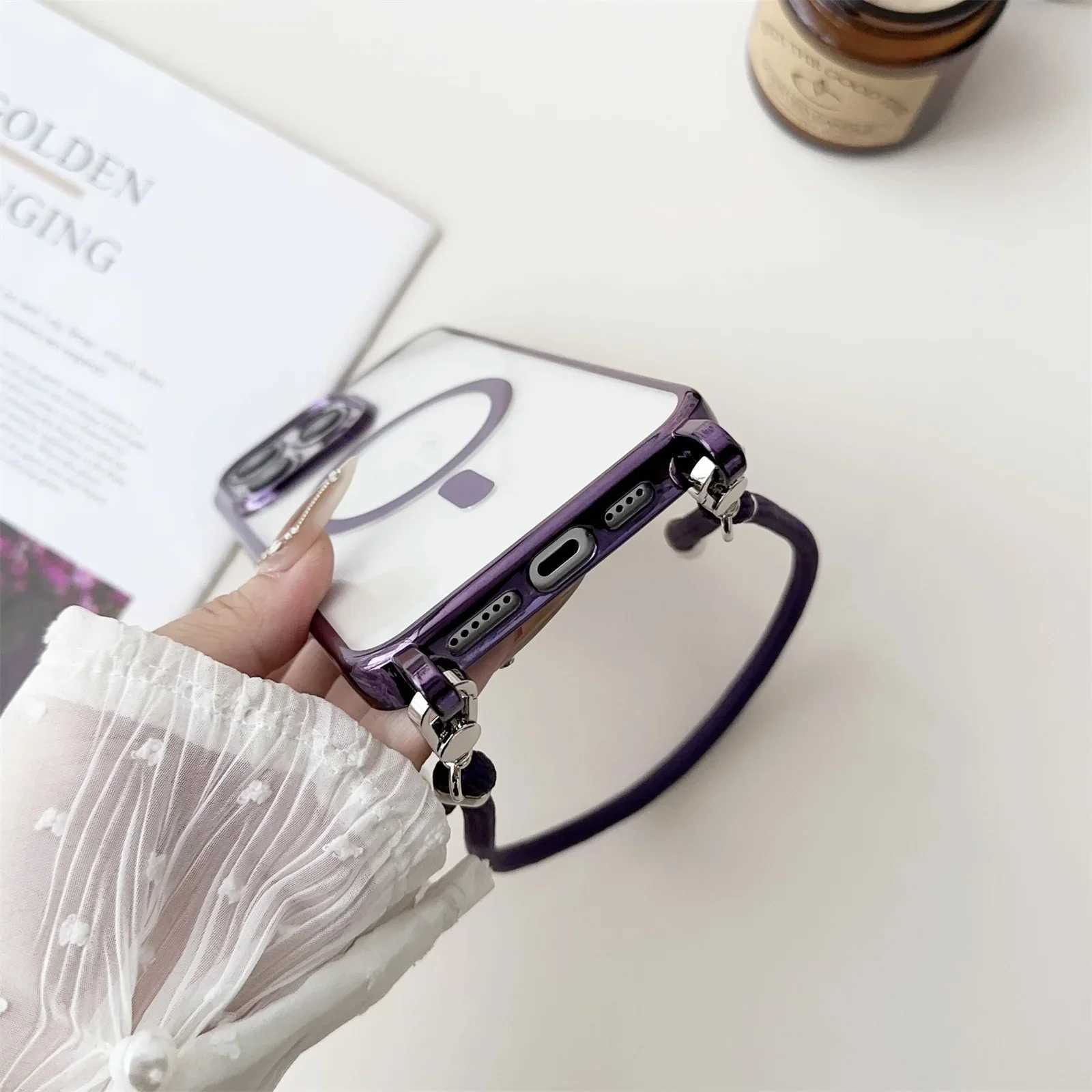 For iPhone 17 Air 16 e 15 Pro Max 14 13 12 11 Phone Case Lanyard Wrist Strap For Crossbody Magnetic Plating Clear Cover J251202