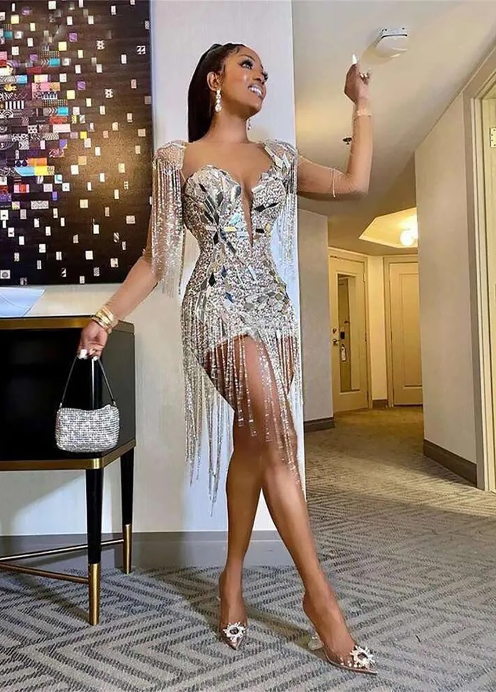 Prom Dresses Evening Gown Party Cocktail Above Knee Mini Plus Size Zipper Lace Up New Custom Straight Sequined Sequins Crystal Pearls Scoop Long Sleev