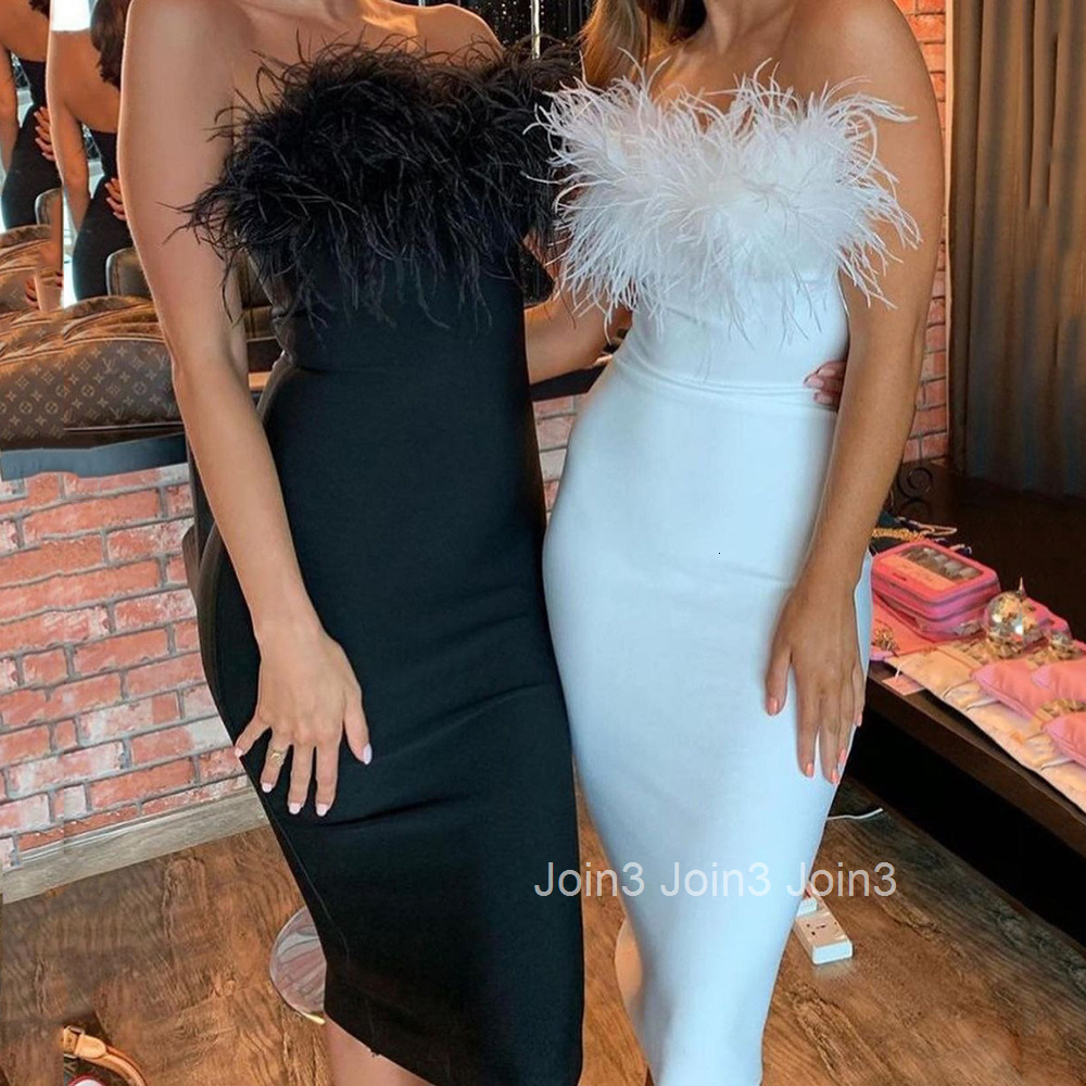2025 Spring New Womens Hot Girl Feather Strapless Dress with Hip Wrapping Charm Commuting Tight Dress