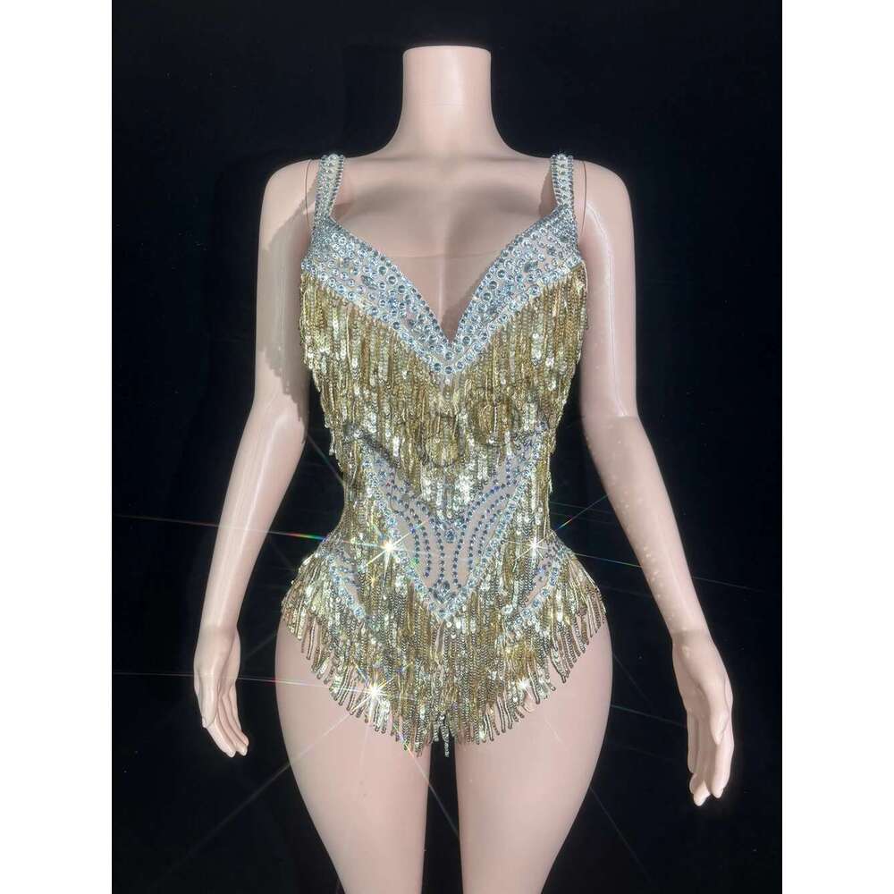 Sparkly Rhies Sequins Tassel Bodysuit For Women Sexy See Through Performance Dance Costume Singer Dancer Stage Wear