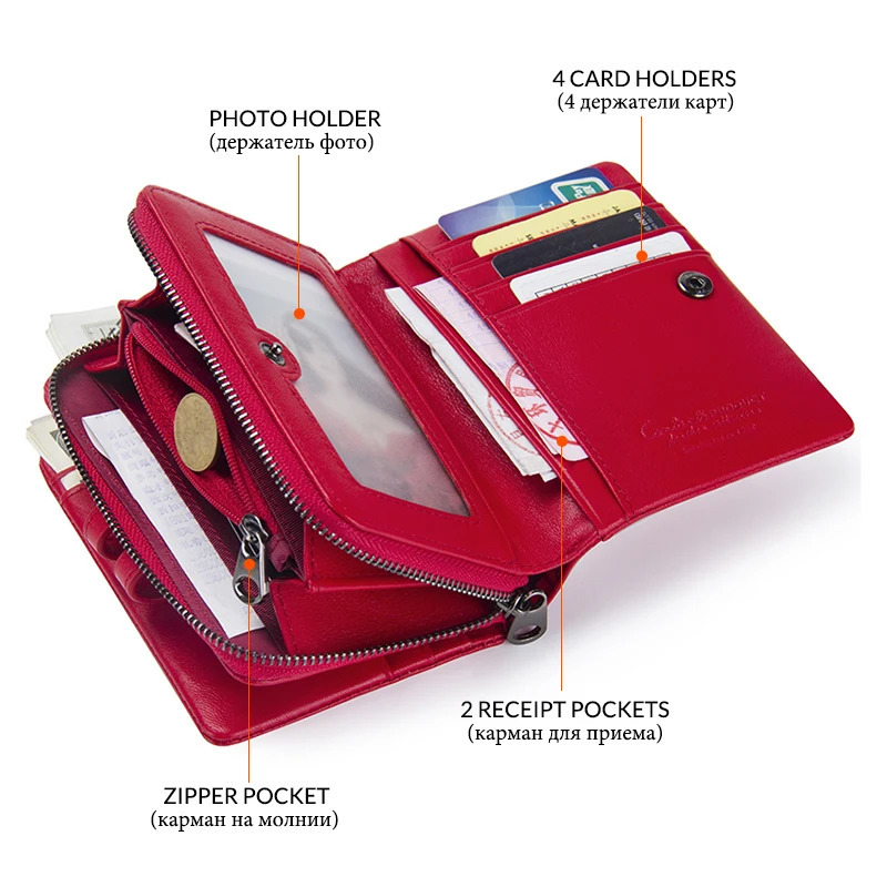 Contacts genuine leather short wallet womens fashionable small coin wallet zipper buckle clip womens wallet Portfel Damski 250410