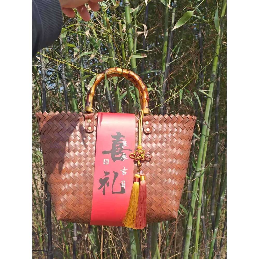 Handmade Beach Bag Handmade, Fashionable And Versatile Vegetable Basket, Bamboo Knot Hand-Held Straw Woven Tote Bag, Women's Companion Handbag, G