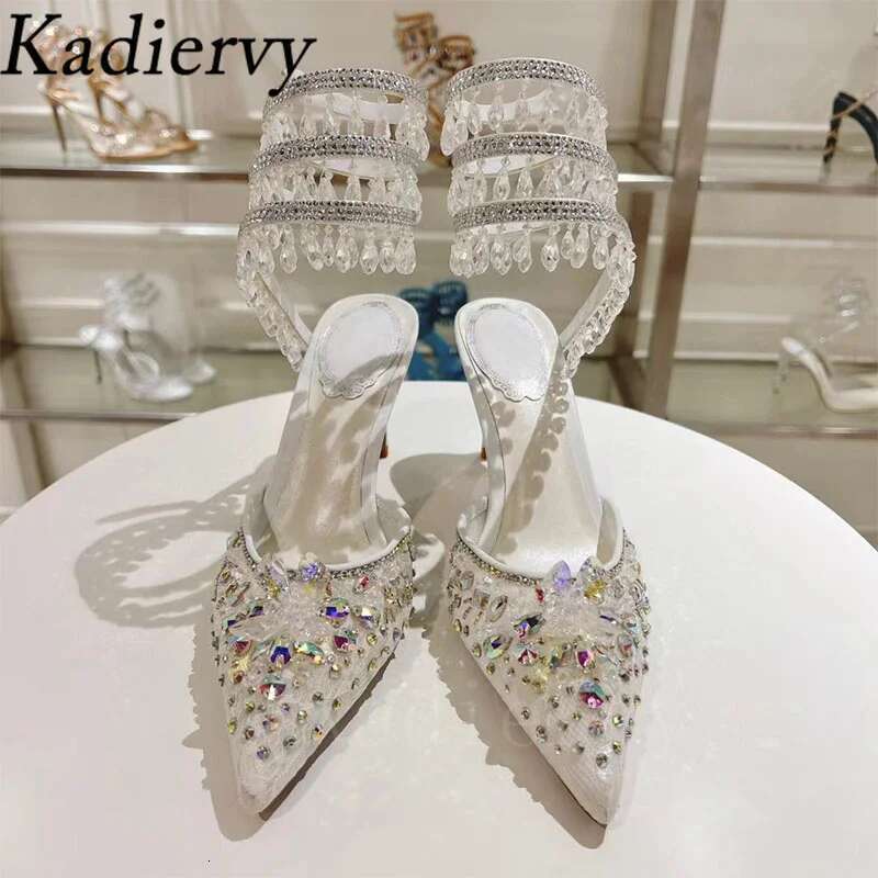Summer High Heels Women Crystal Pendant Snake Twine Around Ankle Strap Party Shoes Pointed Toe Mesh Pumps Sandals Woman