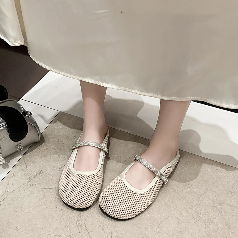 Ladies Baotou Half Slippers Autumn Round Head Shallow Mouth Mesh Breathable Soft Bottom Sandals 250411