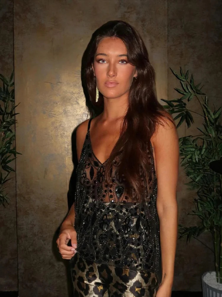 Women Chic Sparkling Bead Sequins Vest Sexy See Through V Neck Backless Short Tank Top 2025 Summer Ladies Elegant Partywear 250415