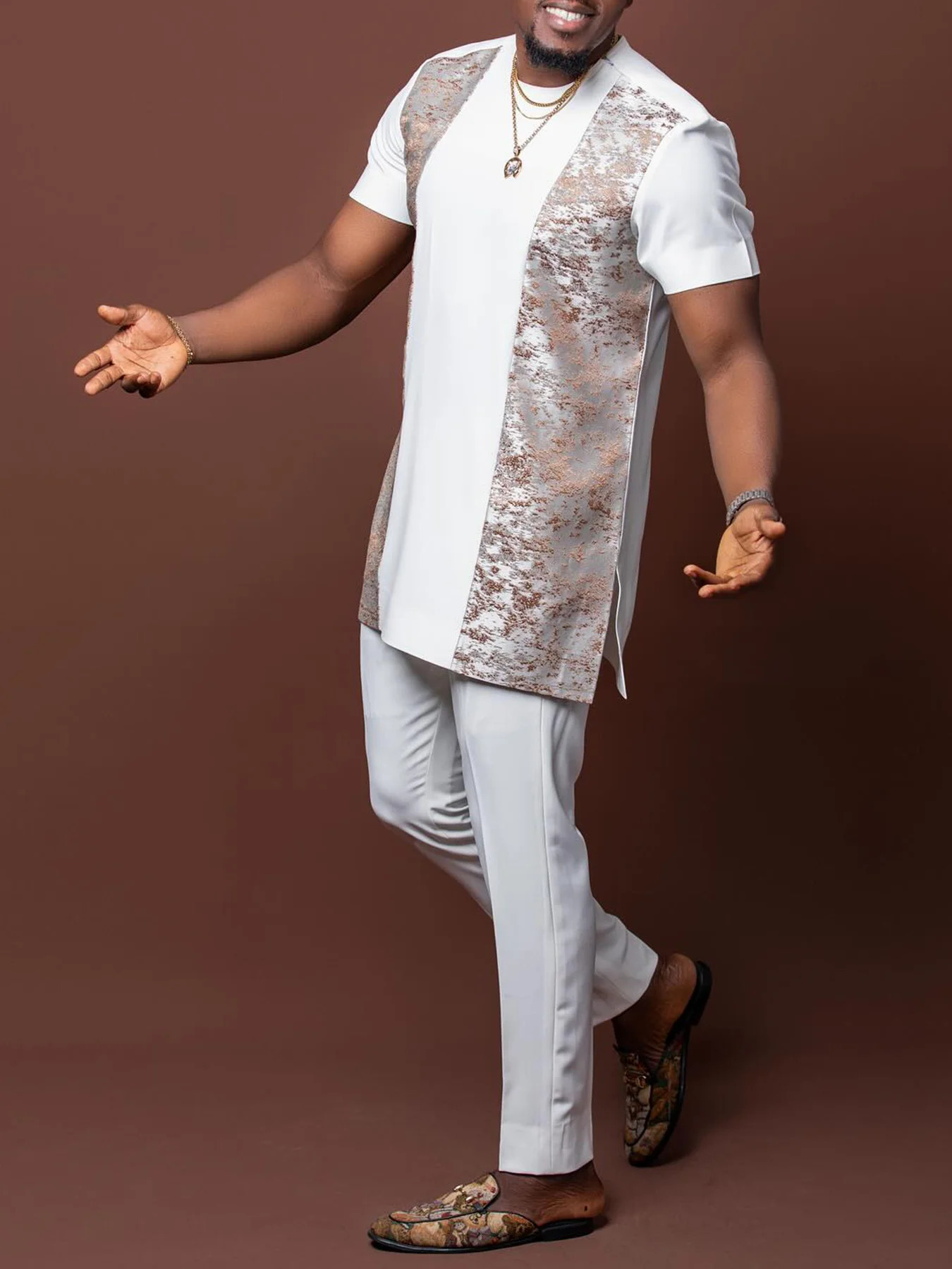 African mens traditional short sleeved suit Nigeria summer African fashion mens T-shirt polo shirt 2-piece set 250410