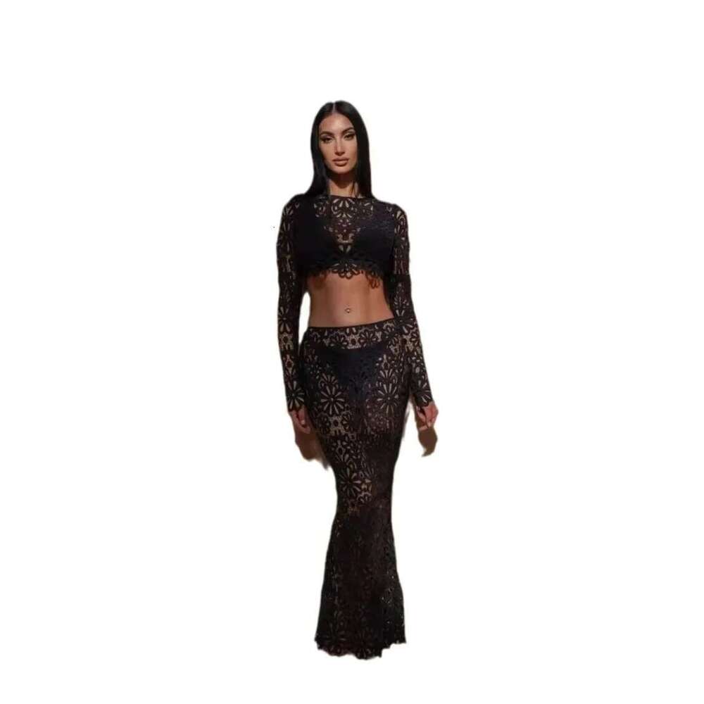 Hollow Out See Through Tank Top Skirts Suits Women Long Sleeve Wave Cut Lace Tops Hip Package Skirt Suit Female 2024 Lady Set