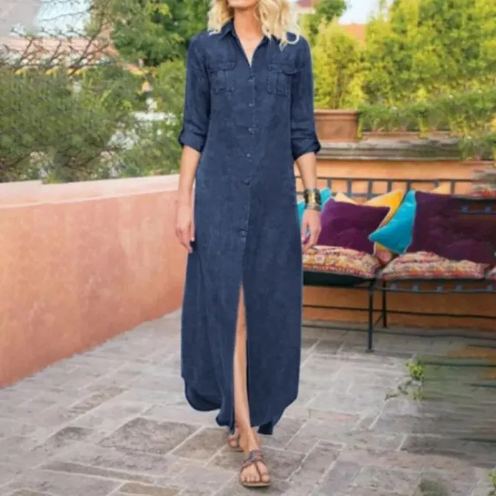 Summer womens L5XL Plus size loose solid color casual denim long skirt fashionable lapel button sleeved pocket 250414