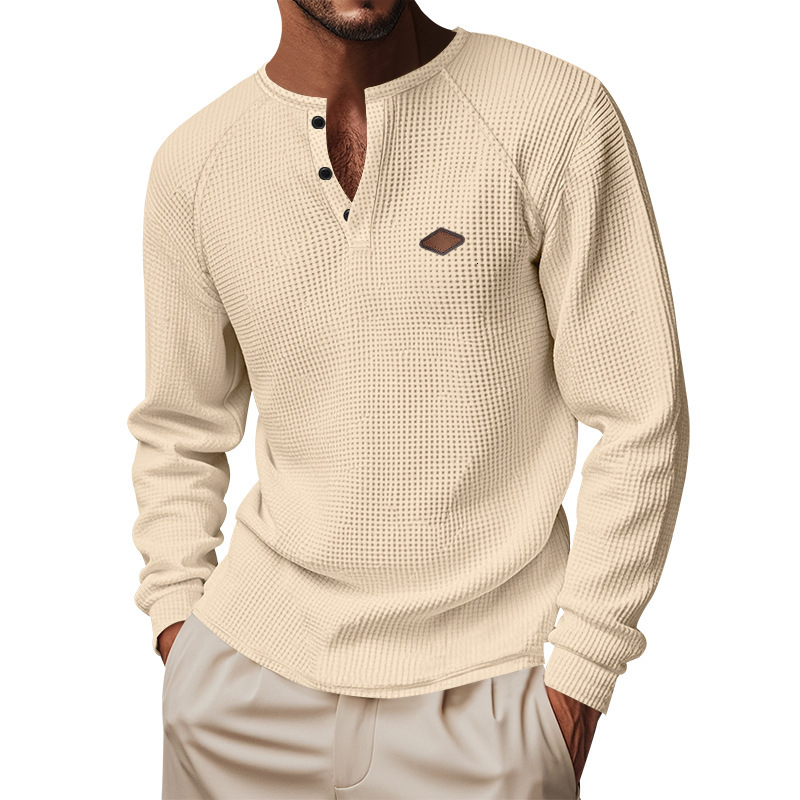 2025 Men's Casual American Spring and Autumn Thin Style Waffle Buckle Quick Dry Shoulder Henry T-shirt Long Sleeve