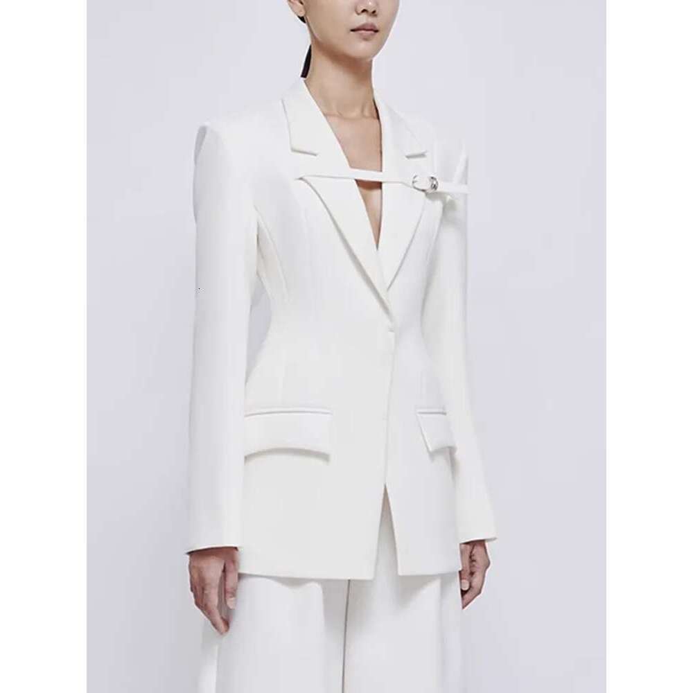 VGH Hollow Out Patchwork Belt Casual Blazers For Women Lapel Long Sleeve Temperament Slimming Solid Coats Female Fashion Style