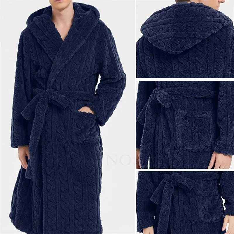 Warm Sleepwear Thicken Jacquard Flannel Men Robe Plush Coral Fleece Hooded Bathrobe Gown Winter Lounge Wear Home Wear Nightwear C251115