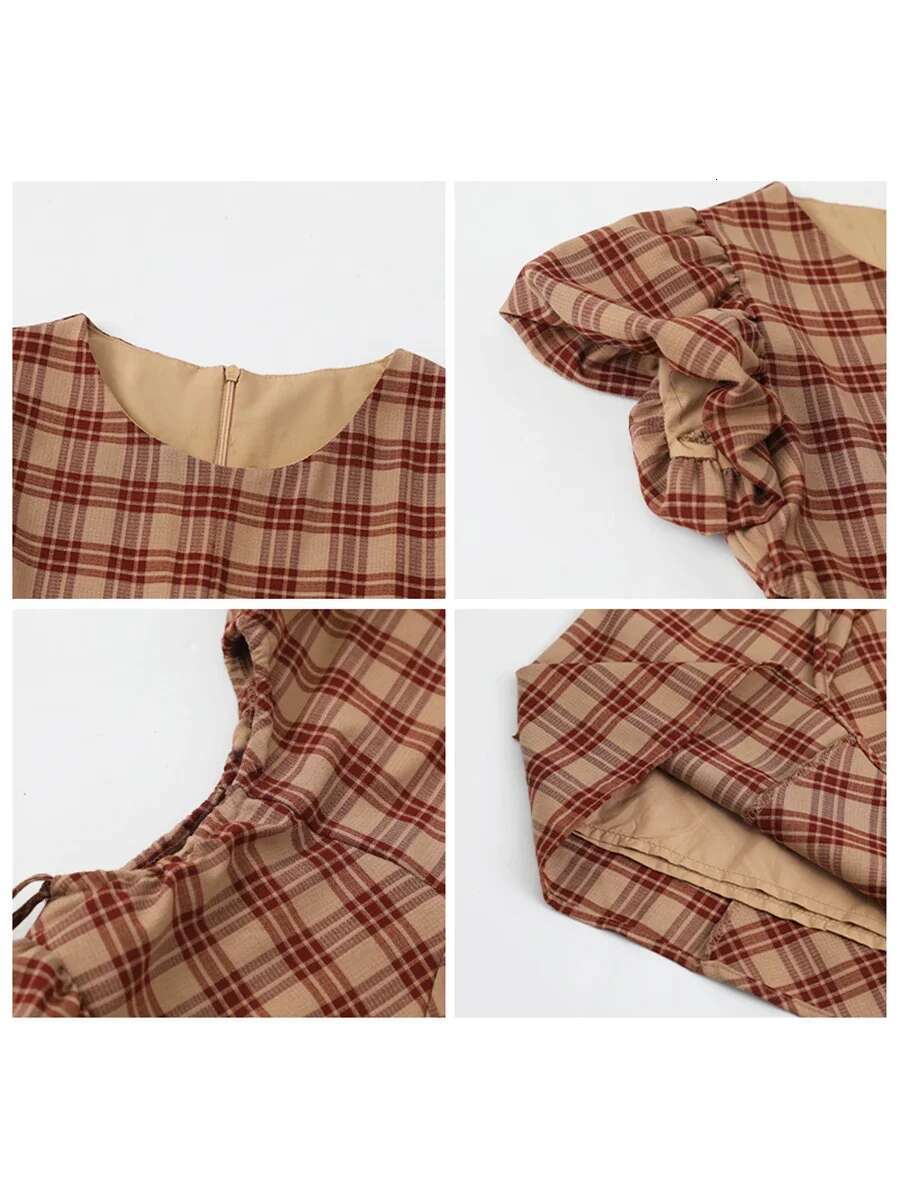 CHIC VEN Korean Style Women Dresses A-E Retro High Waisted Design Plaid Bubble Sleeve Girl Dress Drawstring Woman 2023 Trend