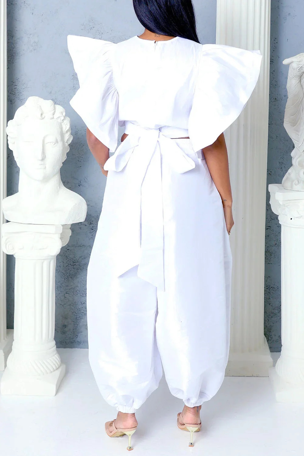 Womens Plus Size Matching Set Round Neck Flutter Sleeves Short Sleeve Tops and Loose Trousers Casual Two Pieces Sets for Summer 250410