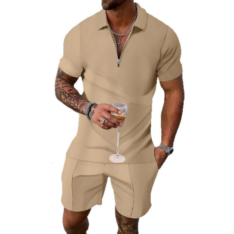 Summer suit light and casual solid color waffle lapel polo shirt men's half zip set