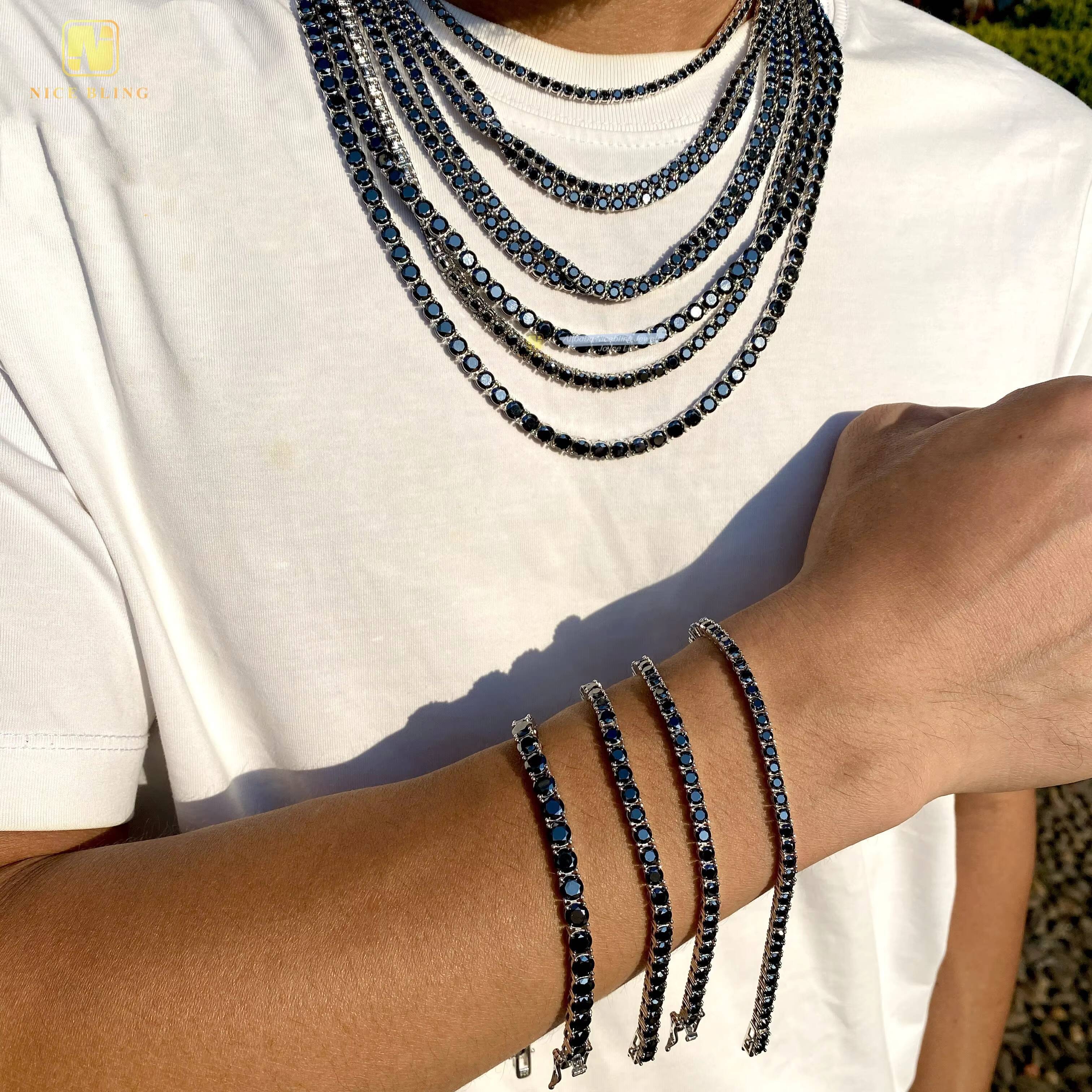 Pass Diamond Tester Black Gold Plated 925 Sterling Silver Moissanite Iced Out Necklace Black Color Moissanie Tennis Chain