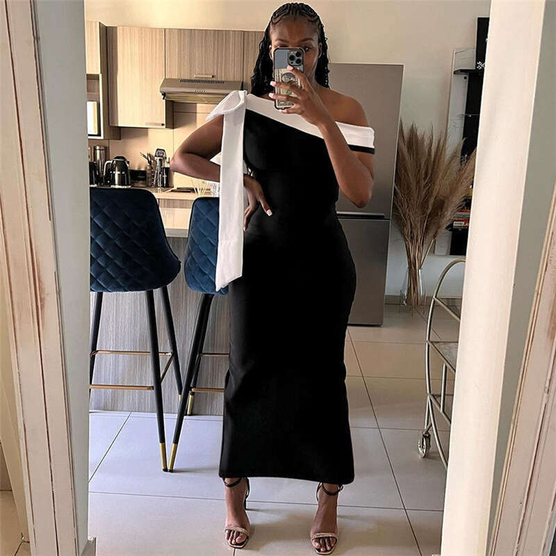Women's Wear Spring New Women's Elegant Stylish One Shoulder Strap With Color Blocked Slimming And Slimming Dress