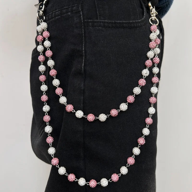 1pc Hip Hop Jewelry Wallet Chain 10mm Pink White Disco Rhinestone Beads Pendant Bag Pocket Pants Jeans Chain 250414