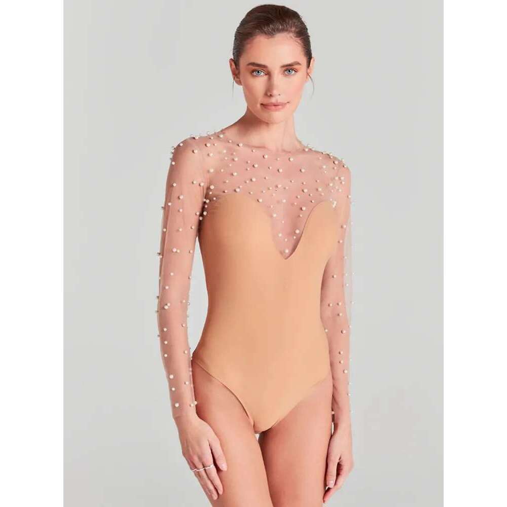 Women Summer Sexy Long Sleeve Pearl White Bodycon Set Jumpsuit 2024 Celebrity Designer High Street Rompers