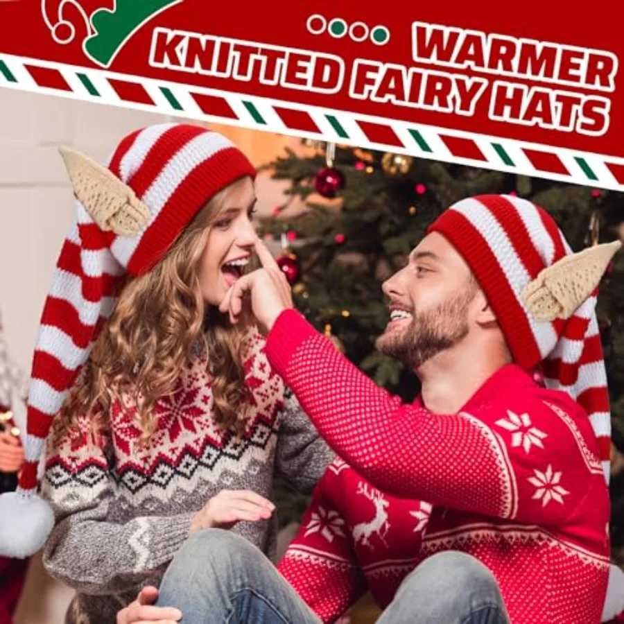 Christmas Knitted Elf Hats with Ears for Adults Women Men Red and White Elf Beanie Crochet Long Santa Hats Beanie Elf Costume A Y251115