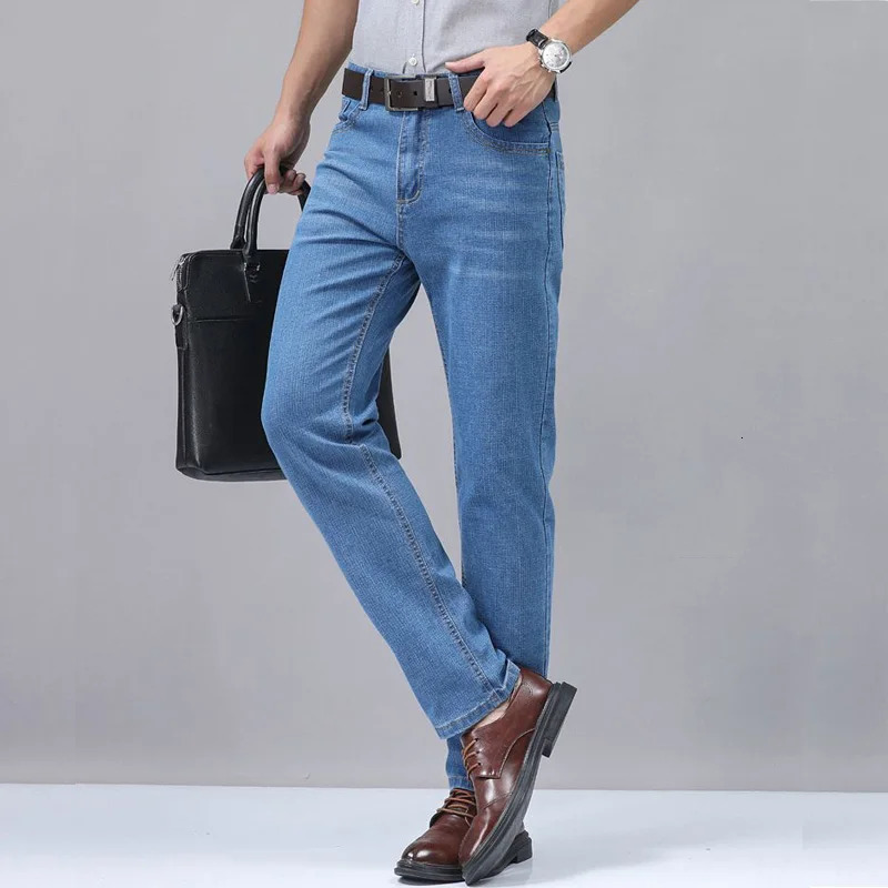 Summer thin mens elastic cotton jeans fashion sky blue comfortable business straight casual pants wear Trouser 250407