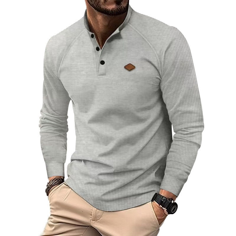 2025 Spring/Autumn Men's Casual Stand Collar Waffle Long Sleeve Button Slimming Henley Shirt