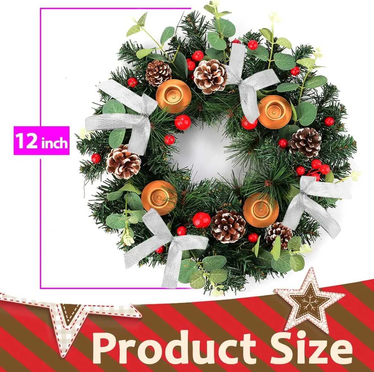 Ribbon Christmas Wreath Window Door Hanging Christmas Candle Holder Garland Candle Cup Christmas Rattan DecorationM251115