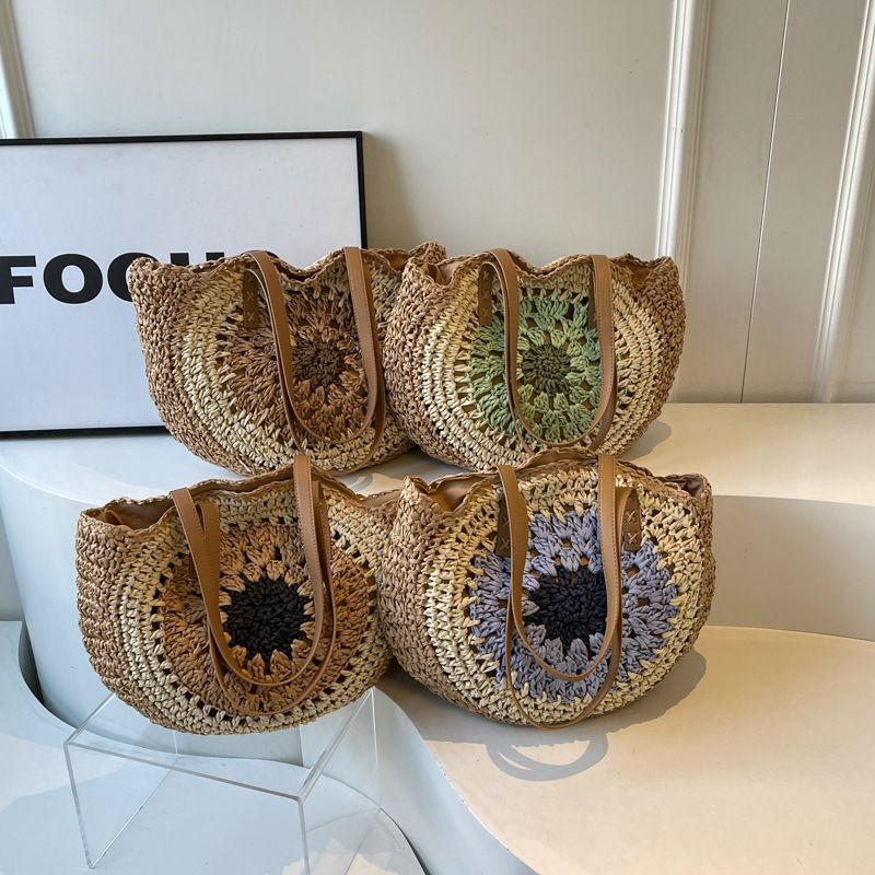 Women's Large Color Block Vacation Beach Round Zipper Straw Bag