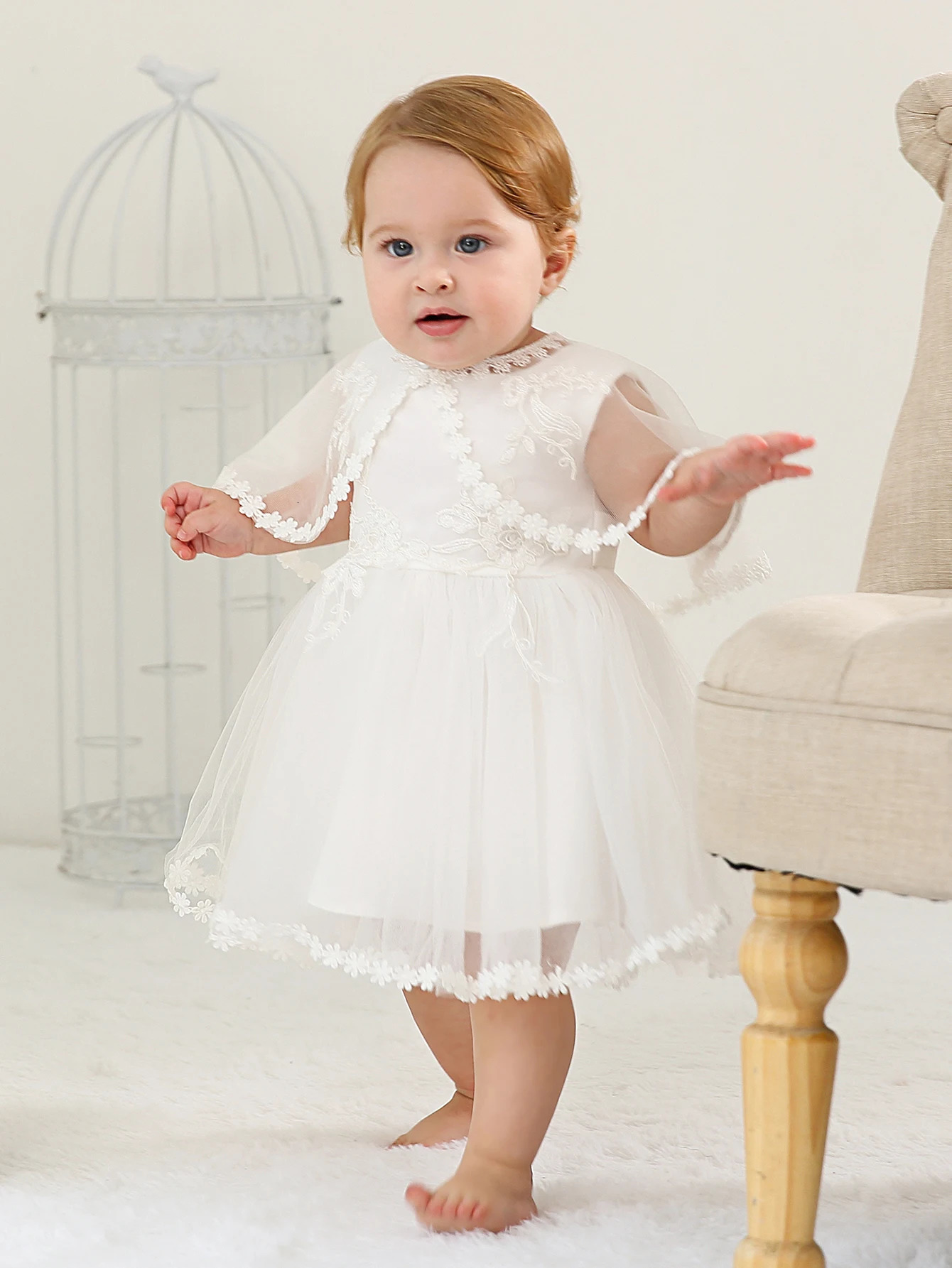 Sleeveless Hood Cloak Soft Satin Floral Embroidered Lace Wedding Party Princess Baby Dress Set 250415