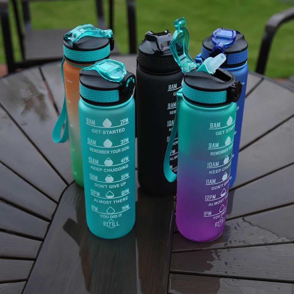 1L Sports Water Bottle Straw Cup 1 Litro with Time Maker Leak-Proof BPA Free Frosted Cup For Outdoor Sports Drinking BottleW251114
