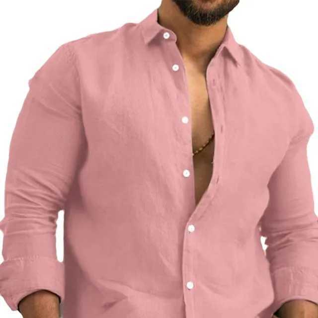 Solid color cotton linen plain weave shirt mens IC button lapel long seven piece shirt spring and summer fashion loose mens top W250415