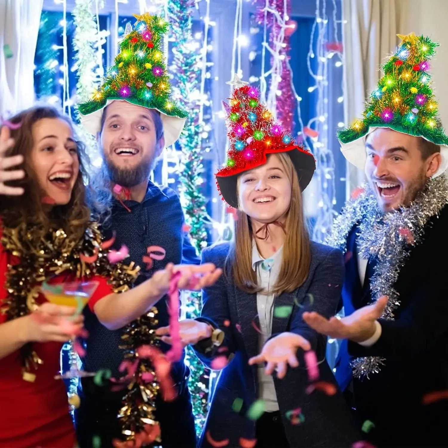 Adults Kids Blinking Glowing Christmas Tree Hats Santa Hat with Tinsel LED Colorful Lights Star New Year Costume Y251115