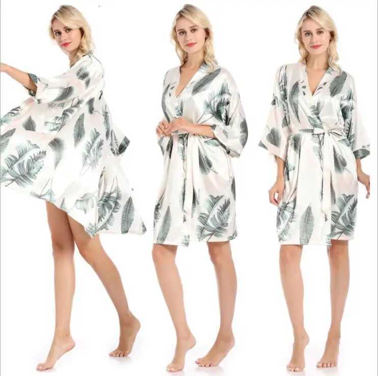 tropical robes V Neck Belted Women Half Sleeve Sleepwear Elegant Satin Dressing Gown Bathrobe Home Pajamas C251115