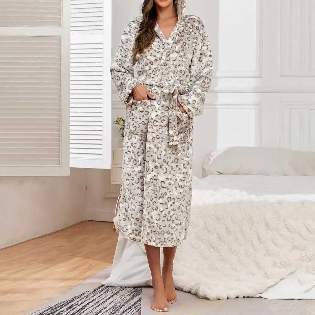 Leopard Print Nightwear Cozy Flannel Hooded Nightgown with Adjustable Belt Pockets for Women Warm Winter Homewear Robe C251115