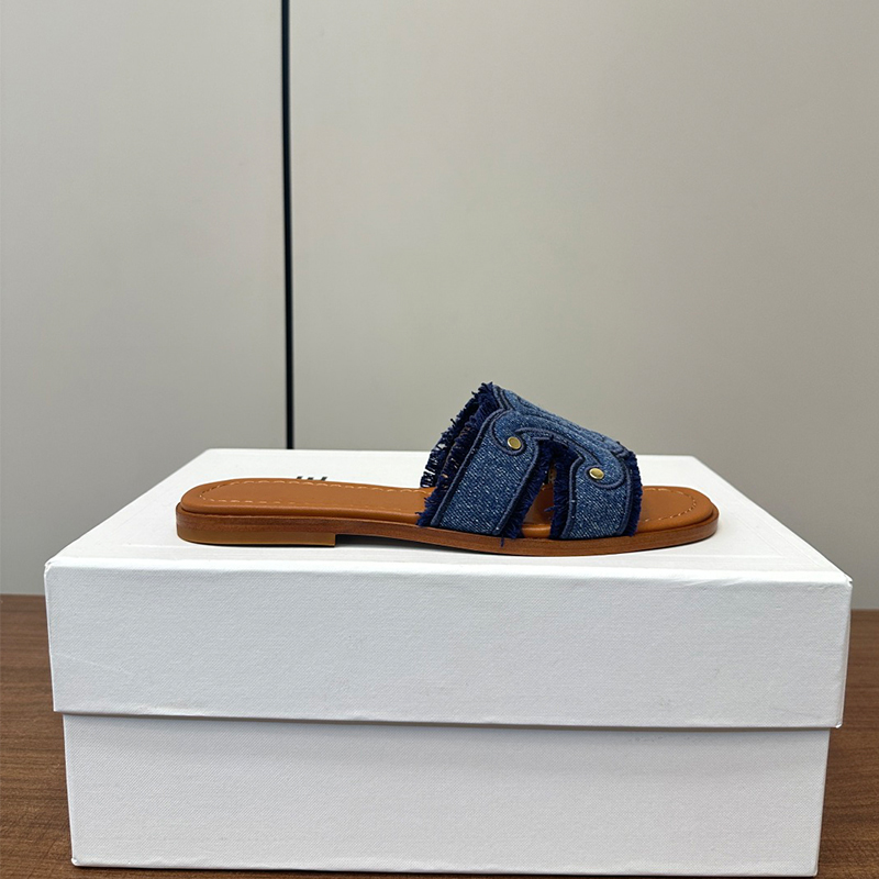 Top quality MARINA FRINGED MULE DENIM slides flat heel Triomphe slippers leather sole Casual sandals luxury designer women's beach shoes factory footwear size 35-42