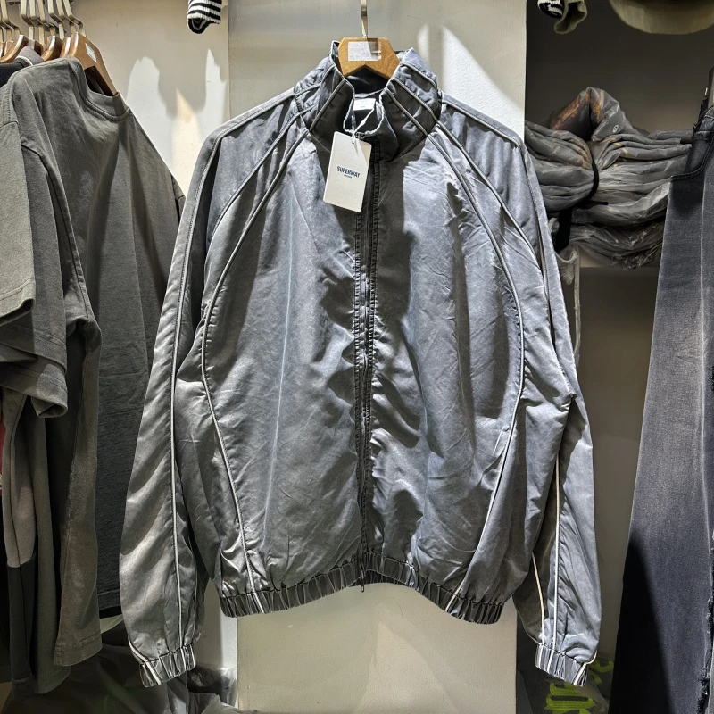 Mesh Nylon Daily Casual Sports Bat Sleeve Washed Loose Zipper Jacket Men Women Long Sleeve Design Vintage Jacket Coat