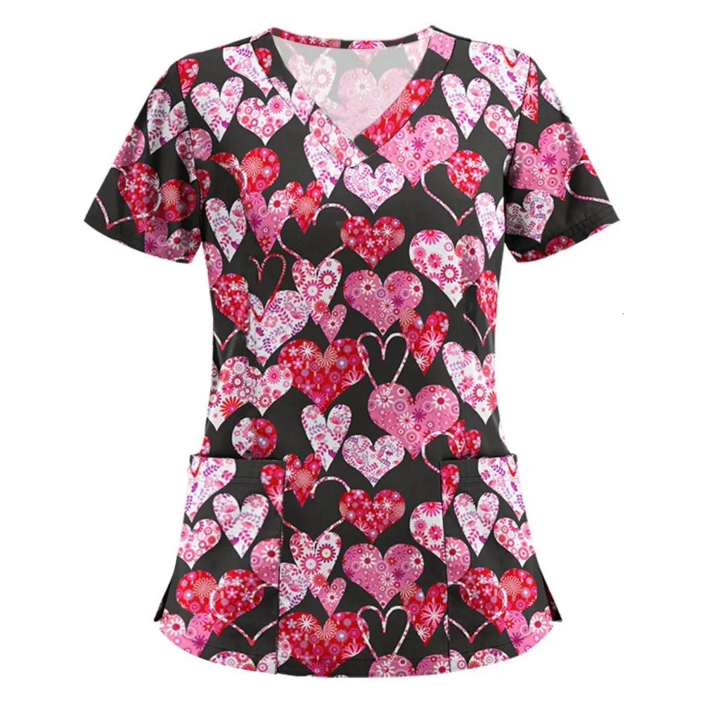 Clinical Uniform Woman Elegant Heart Print Health Care Scrub Uniform Trends V-Neck Short Sleeve Dental Nursing Uniform for Women 250415