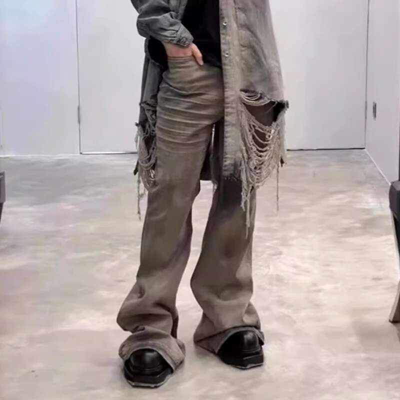 Wrinkled Design Vintage Male Jeans High Street Full Length Washed Wide Leg Pants Trendy Boot Cut Men's Trousers New 28W4545